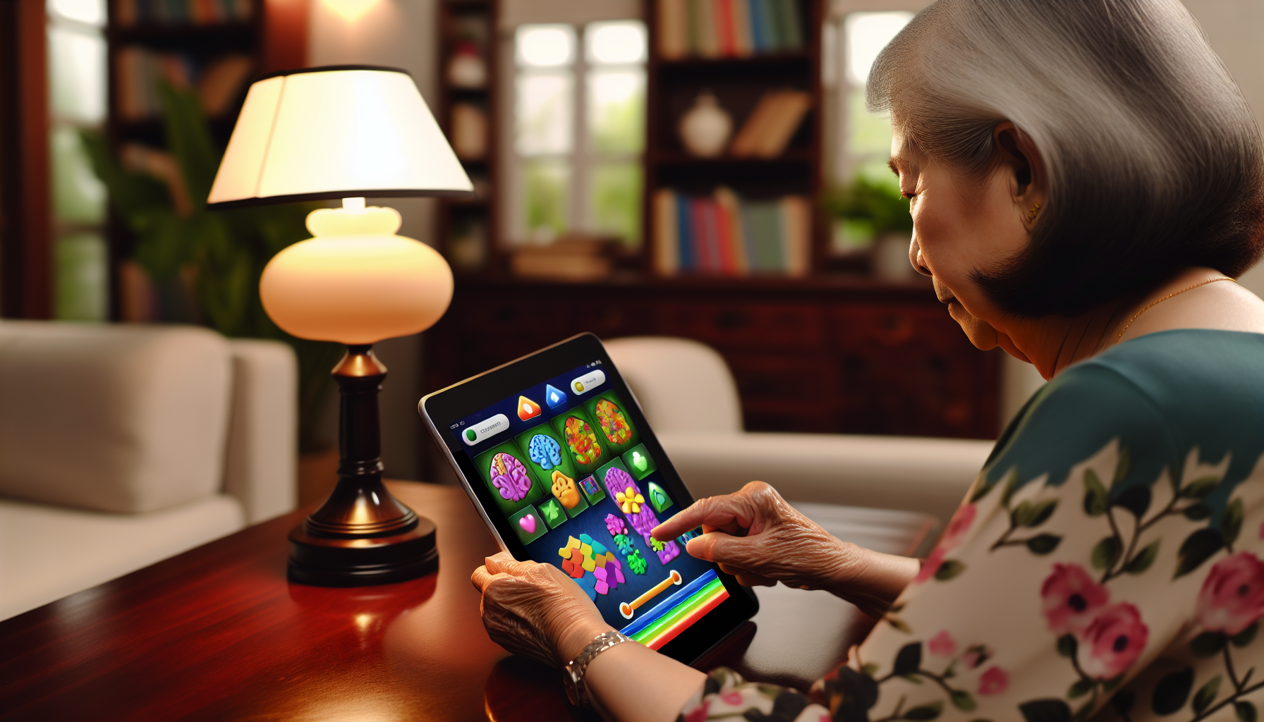 認知症予防アプリを使用する高齢者